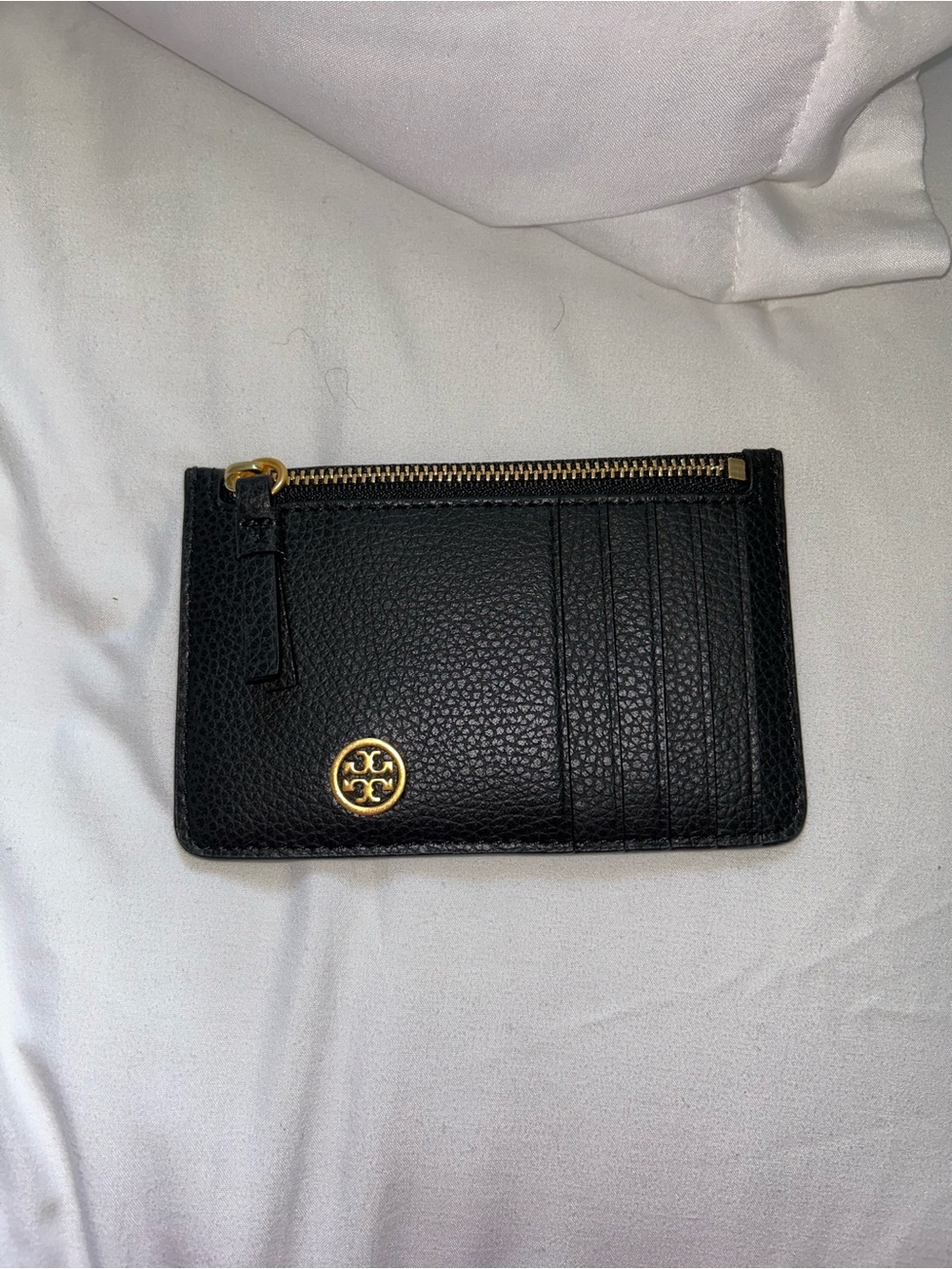 Tory Burch Black Pebbled Leather Slim Card Wallet with Gold Logo